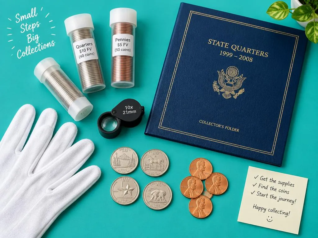 A beginner coin kit with tubes, loupe, gloves, state quarters folder and cents